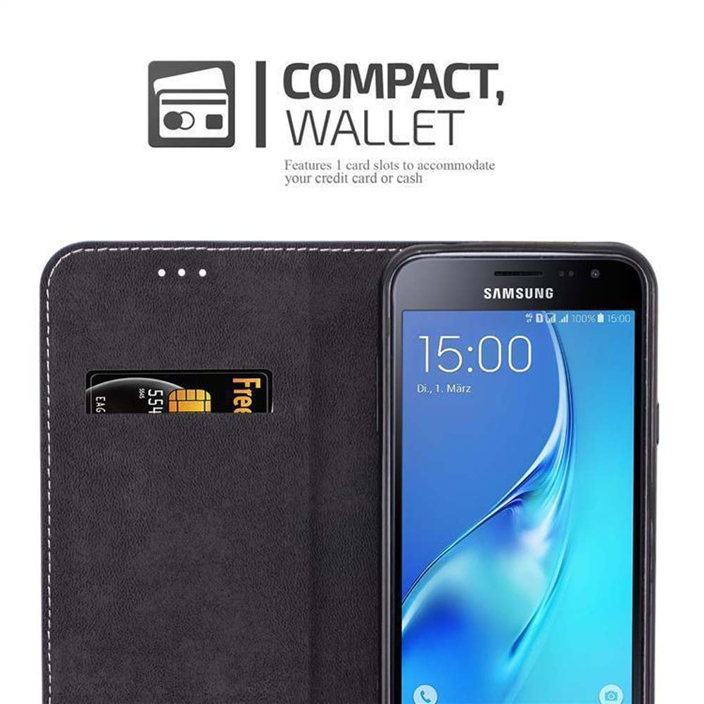 Custodia a portafoglio nera con telefono Samsung che mostra le 15:00.