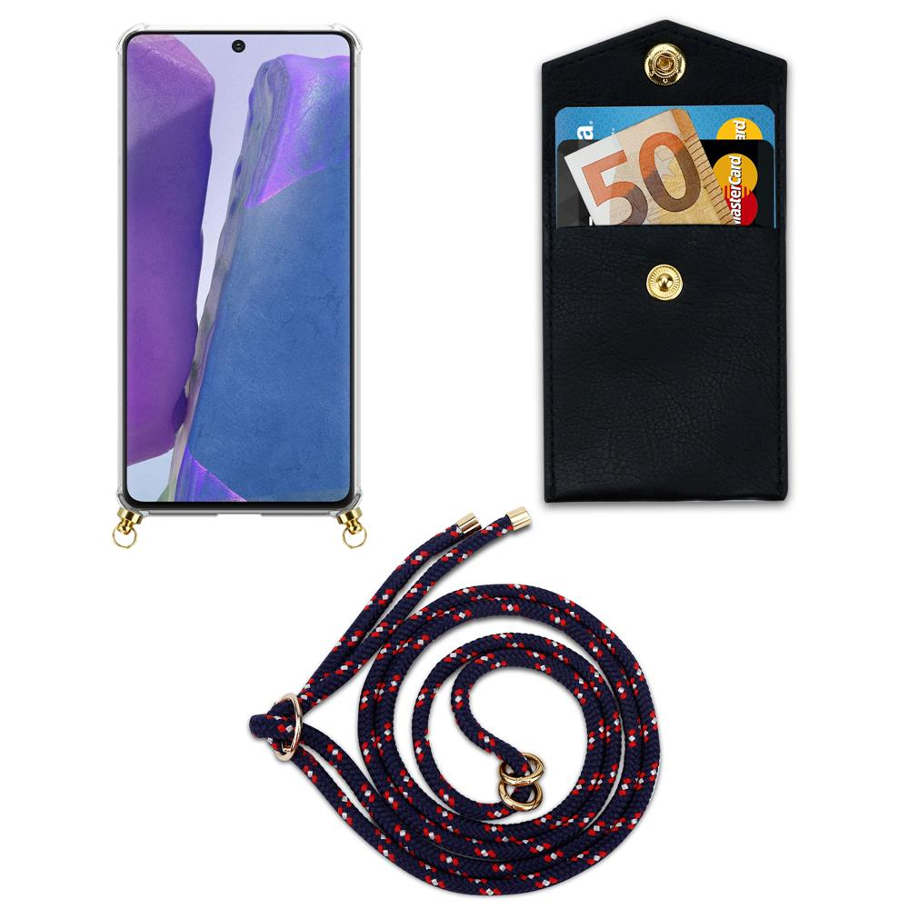 Smartphone in custodia trasparente, porta carte nero con contanti e corda.