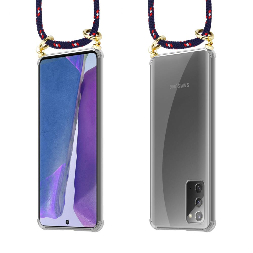 Uno smartphone con un cinturino blu e rosso attaccato a una custodia trasparente.