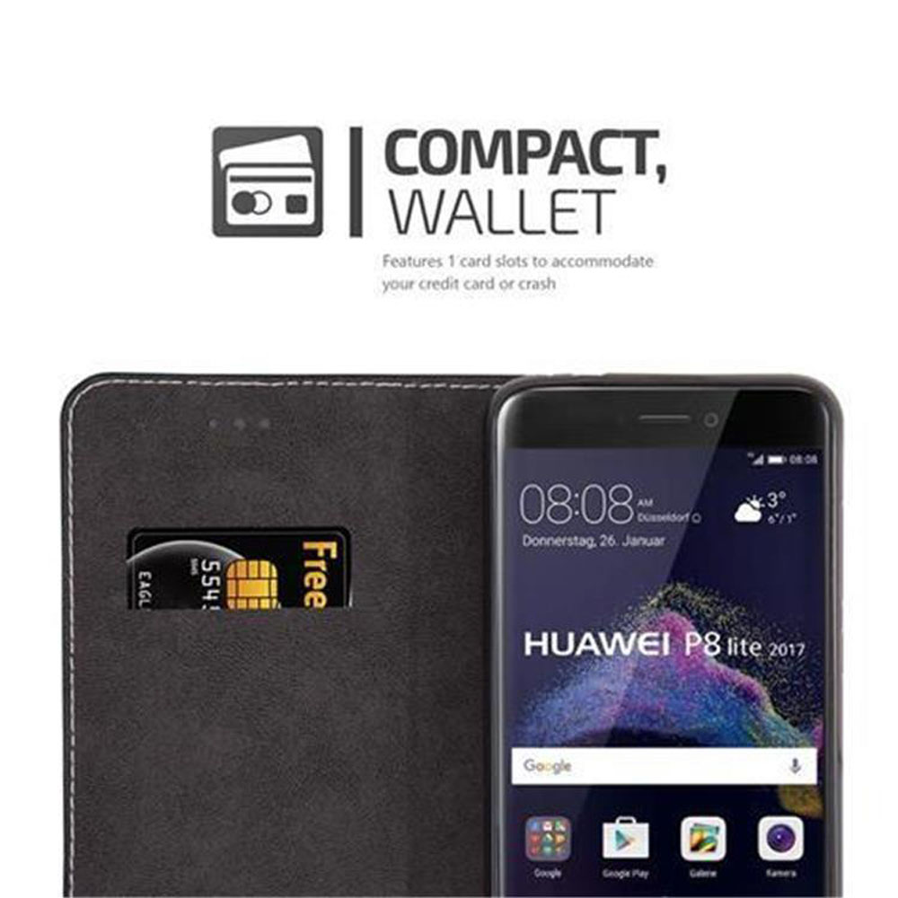 Schwarze Handyhülle mit Kartenfach und einem Smartphone.