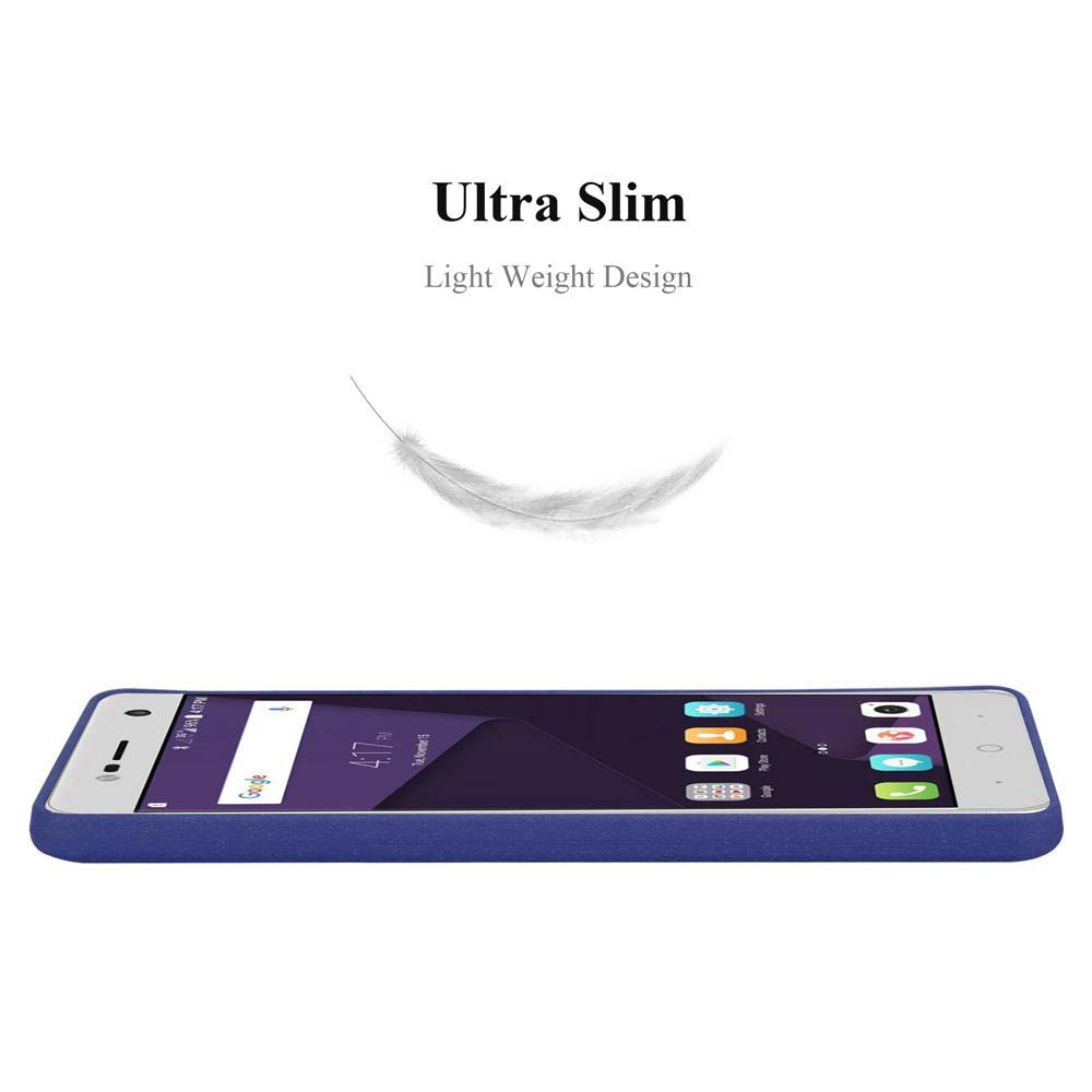 Smartphone blu sottile con icona di piuma. "Ultra Slim".