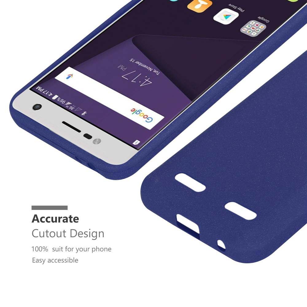 Custodia blu scuro con smartphone che mostra le 16:17.