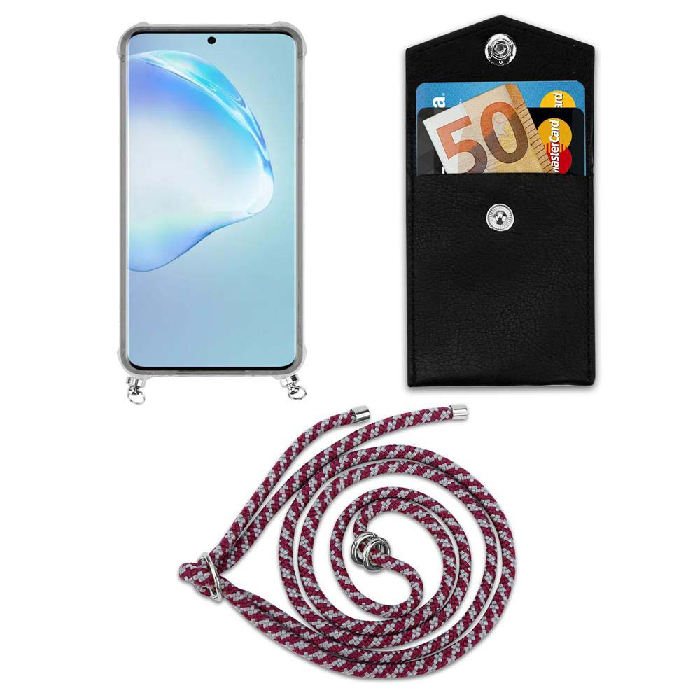 Smartphone con custodia, portafoglio con banconota da 50€ e carta di credito, laccio.