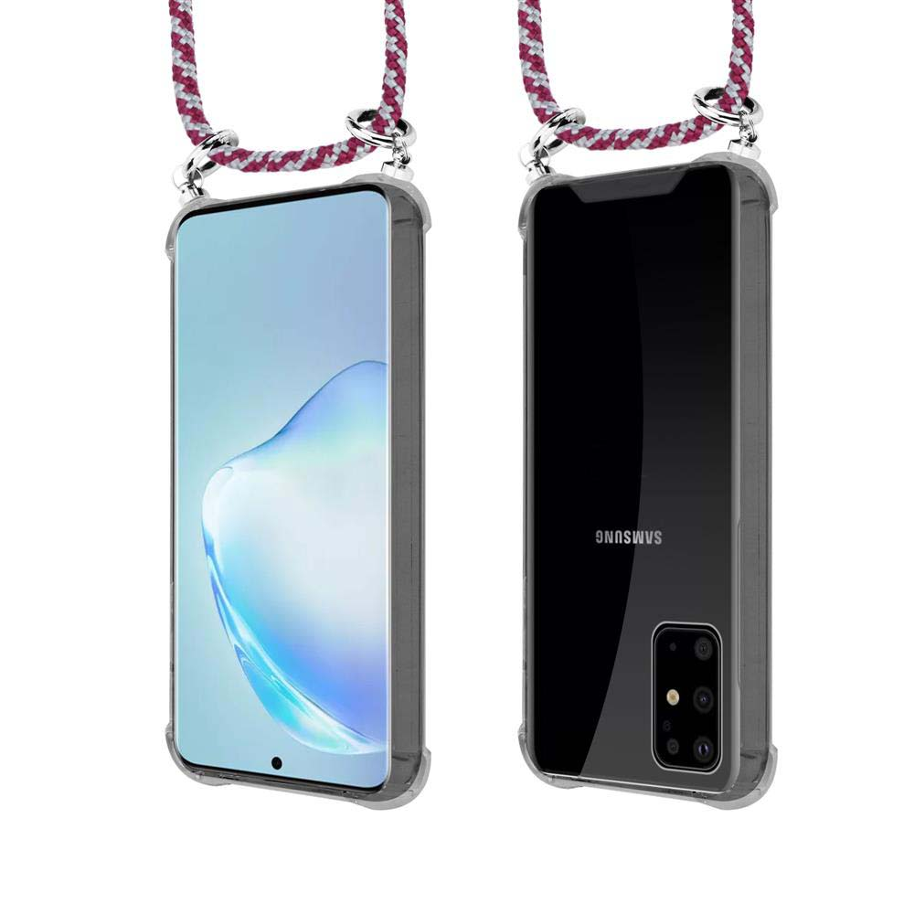 Uno smartphone in custodia trasparente con laccetto, viste frontale e posteriore.