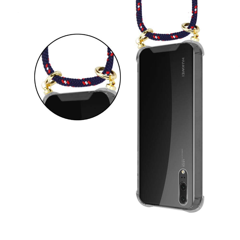 Una cover trasparente per telefono con un cordino blu, rosso e bianco.