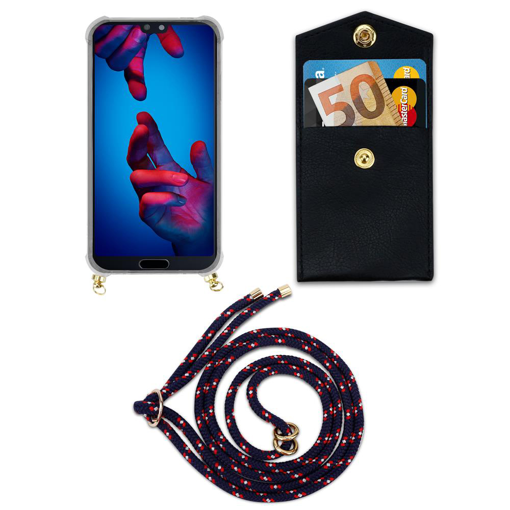 Smartphone con custodia, portafoglio con soldi e carta, e cordino.