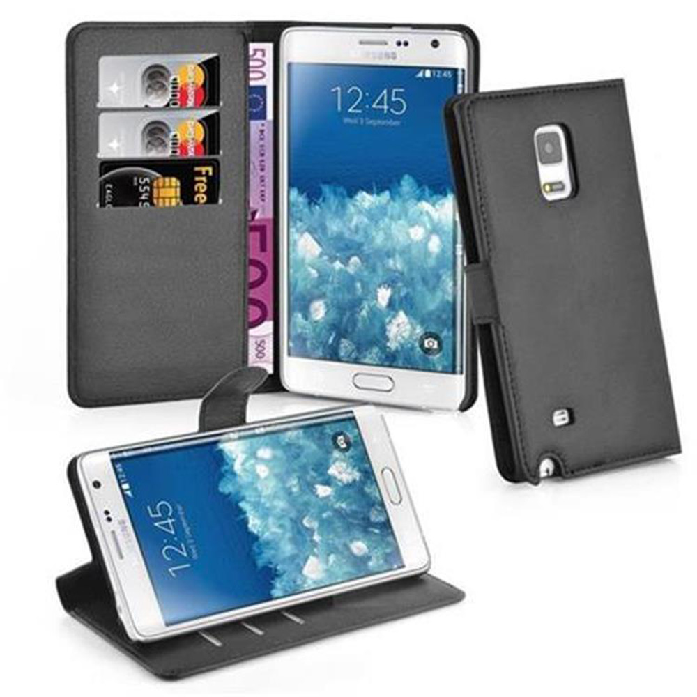 Custodia in pelle nera con smartphone, carte e banconote.