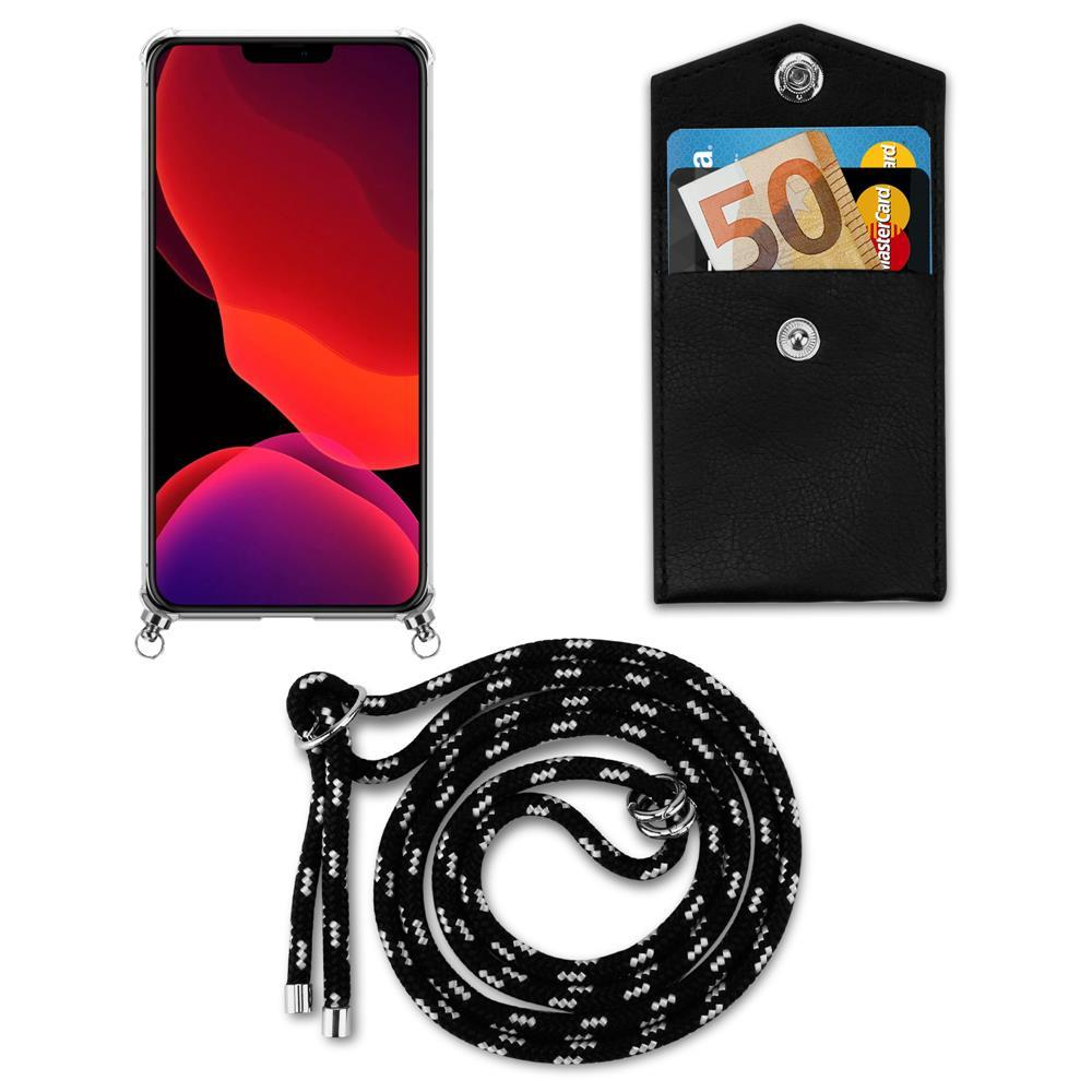 Uno smartphone con sfondo rosso, un portafoglio nero con 50€ e un cordino.