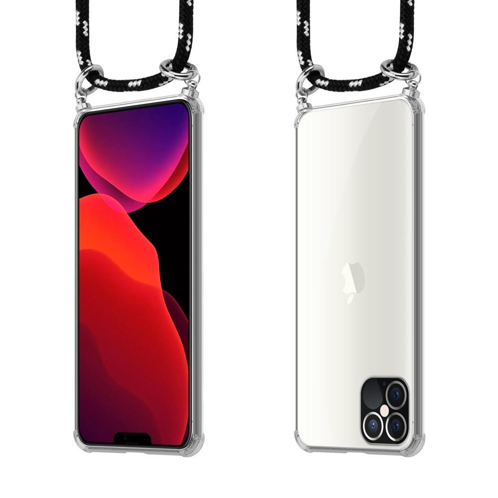 Una custodia trasparente per telefono con cordino mostra un telefono con sfondo rosso e viola.