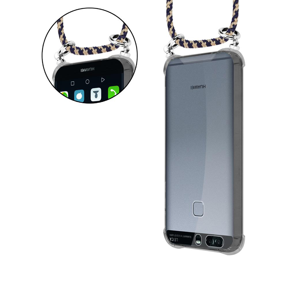 Ein Huawei-Telefon in einer Hülle mit einem Trageriemen, das auf der Rückseite und dem Bildschirm zu sehen ist.
