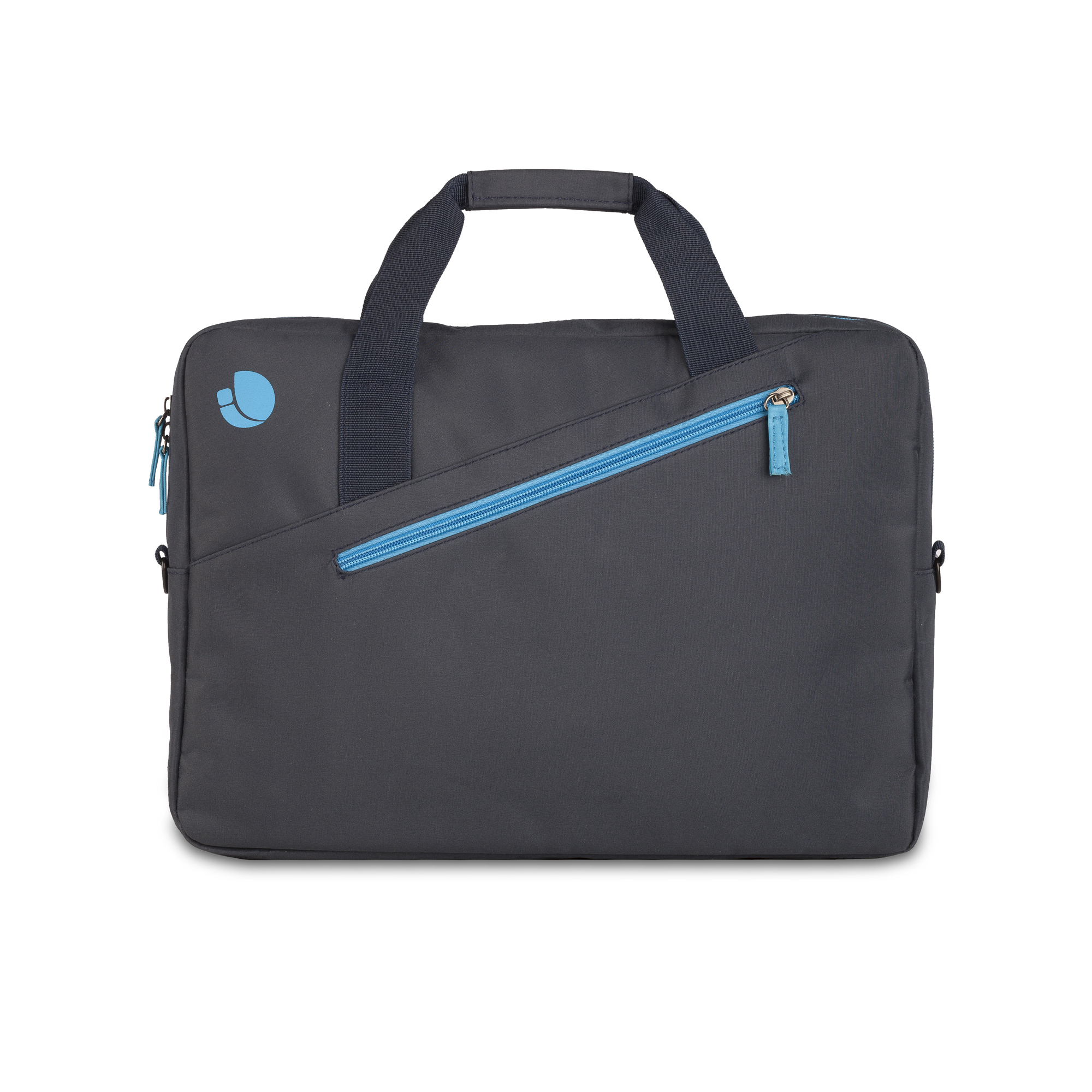 Dunkelgraue Laptoptasche mit blauen Reißverschlüssen und Logo.