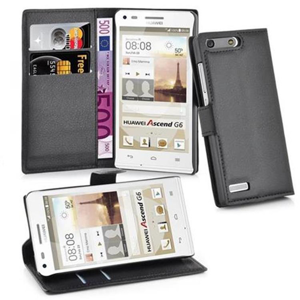 Una funda tipo cartera de cuero negro con un teléfono Huawei Ascend G6 y tarjetas.