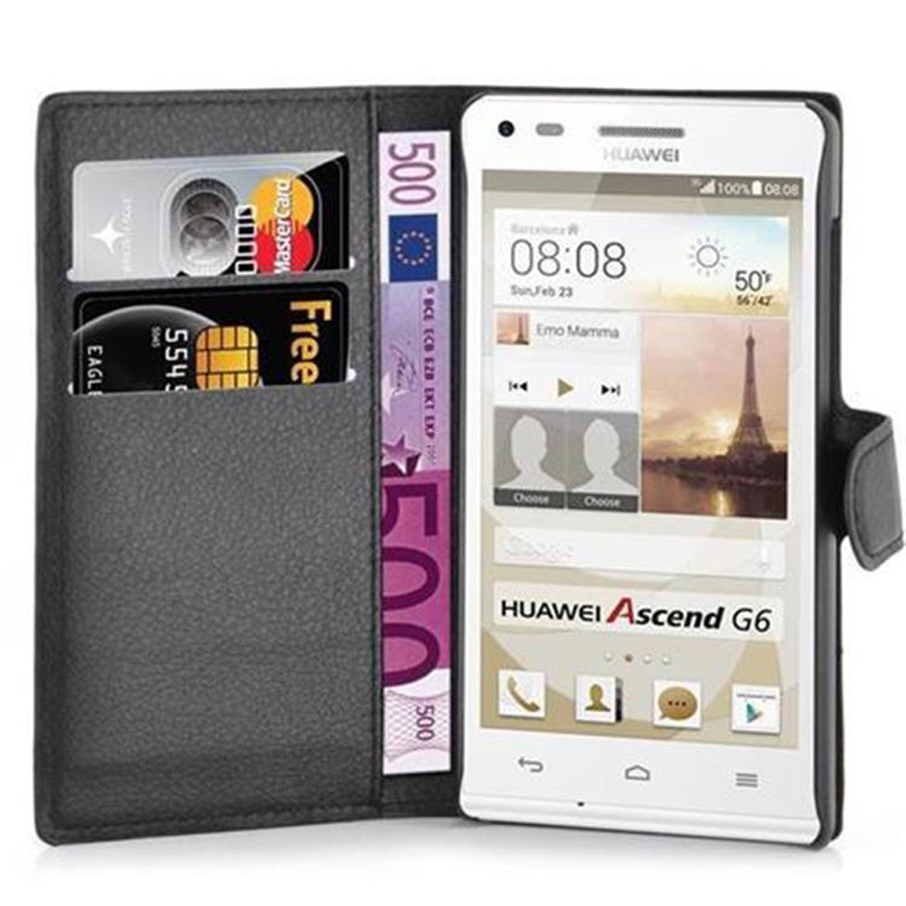 Una funda tipo cartera negra con tarjetas de crédito, billetes y un smartphone Huawei.