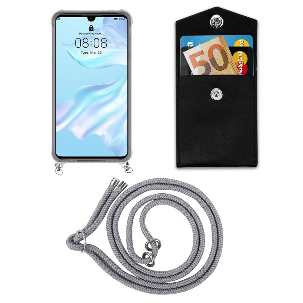 Uno smartphone con laccetto grigio e un portafoglio nero con banconote e carte in euro.
