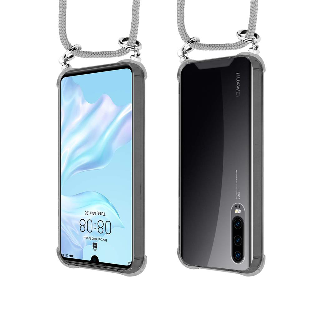 Uno smartphone con cordino e custodia protettiva trasparente, mostrato su entrambi i lati.