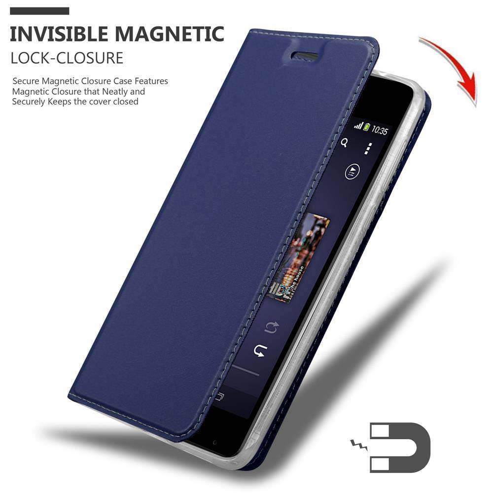 Funda magnética azul abatible en un smartphone que muestra la hora 10:35.