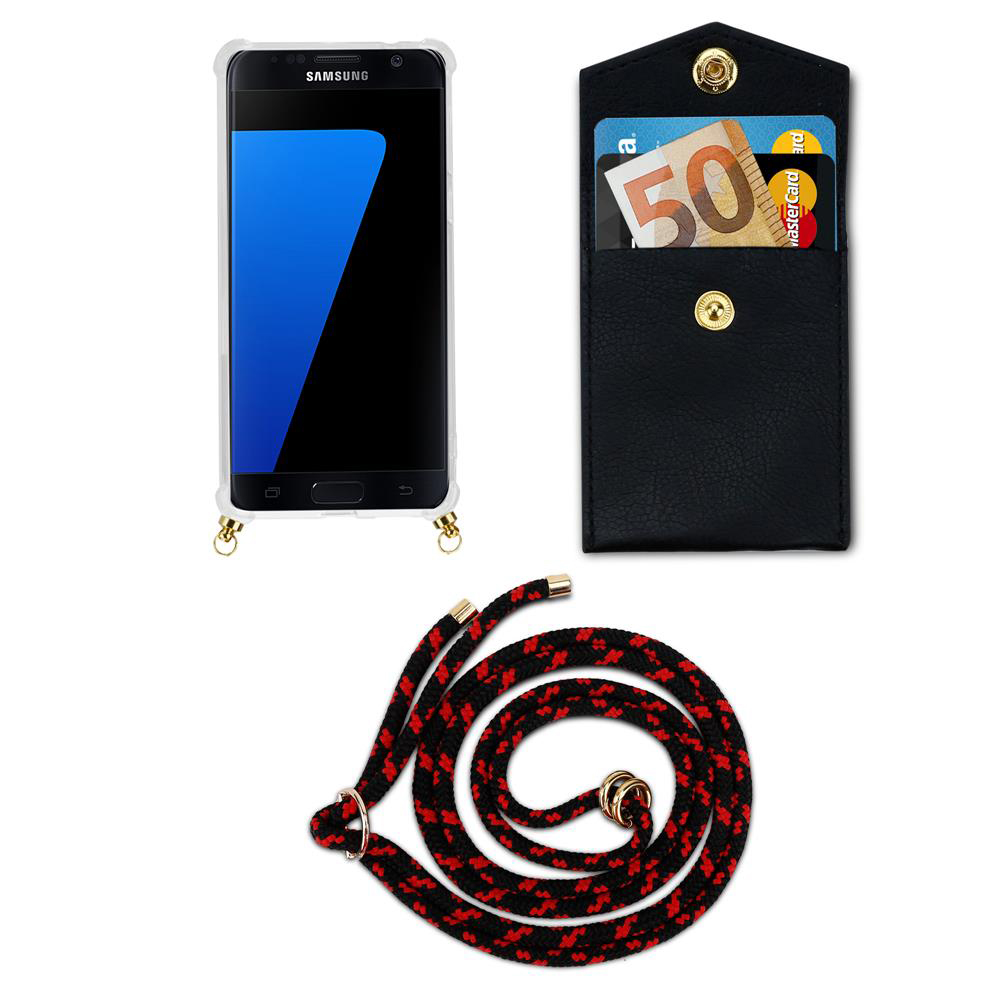 Telefono Samsung in custodia trasparente, portafoglio nero con soldi e carte, cordino.