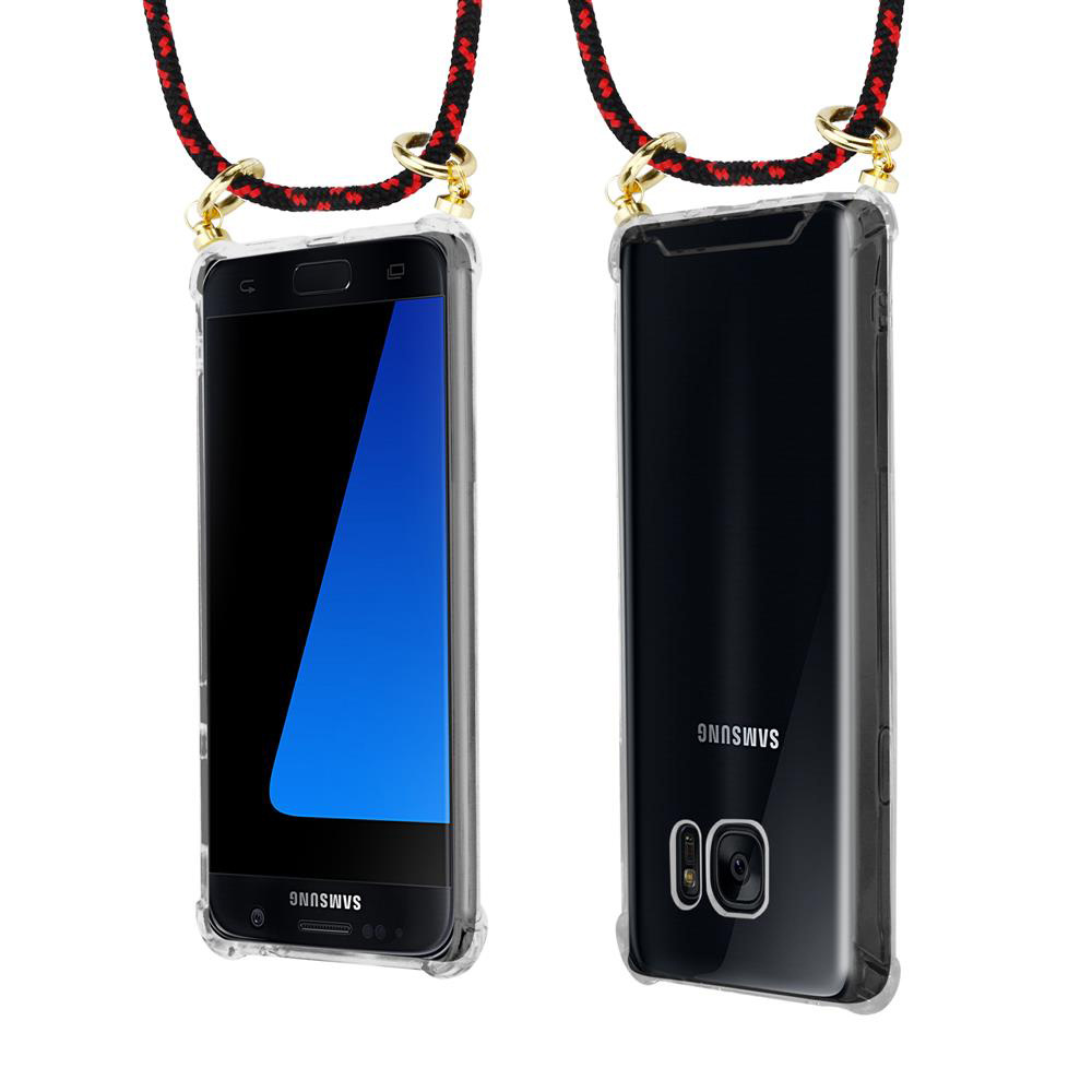 Una custodia trasparente per telefono con un laccetto rosso e nero.