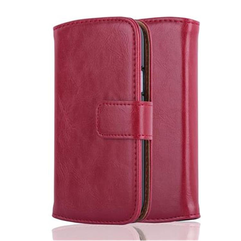 Funda tipo libro roja de cuero para smartphone, cerrada, con cierre de correa.