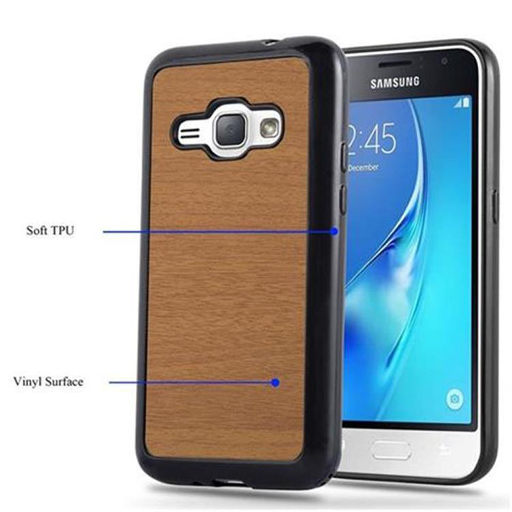 Custodia in legno accanto a un telefono Samsung