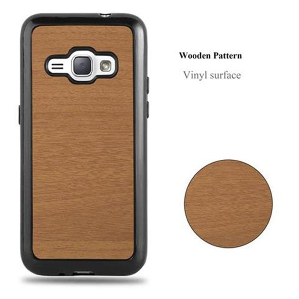 Custodia nera per telefono con texture venatura legno.