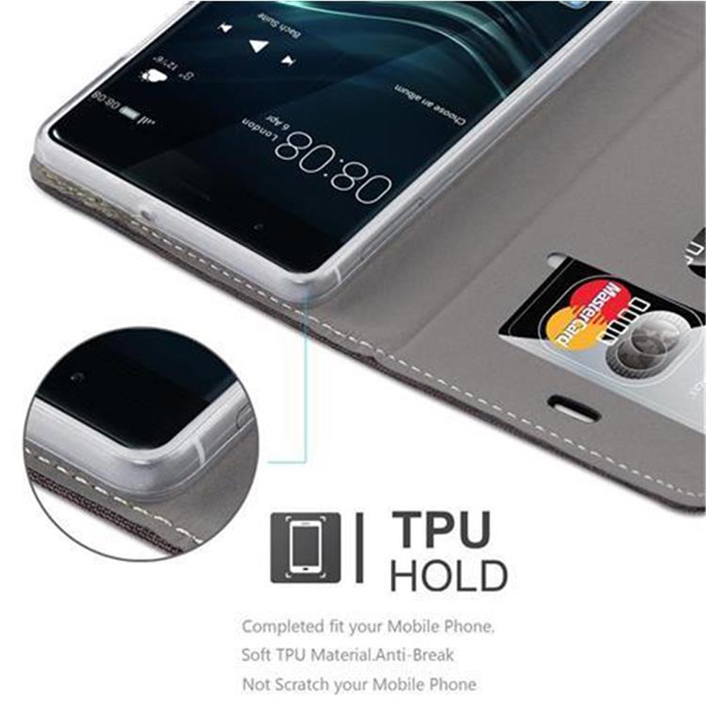 Graues Handyhülle mit Kreditkartenfach zeigt ein Smartphone mit 08:08 Uhr.