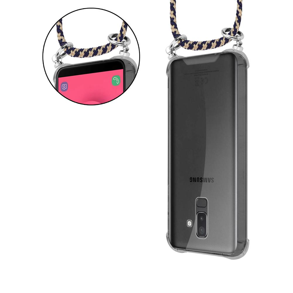 Ein Smartphone mit einer durchsichtigen Hülle und einem Lanyard. Vorderansicht zeigt Bildschirm.