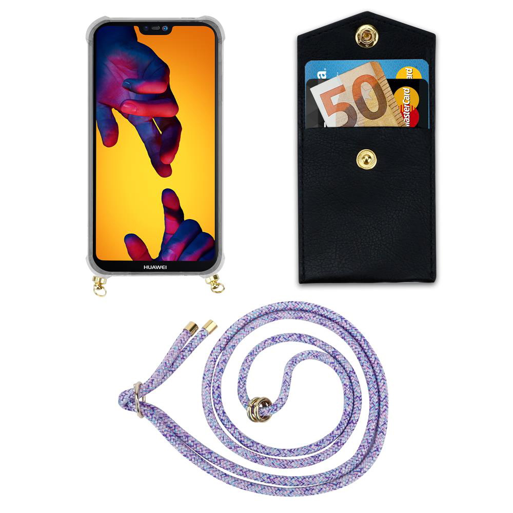 Uno smartphone in custodia, una tasca nera con soldi e carte, e un laccetto colorato.