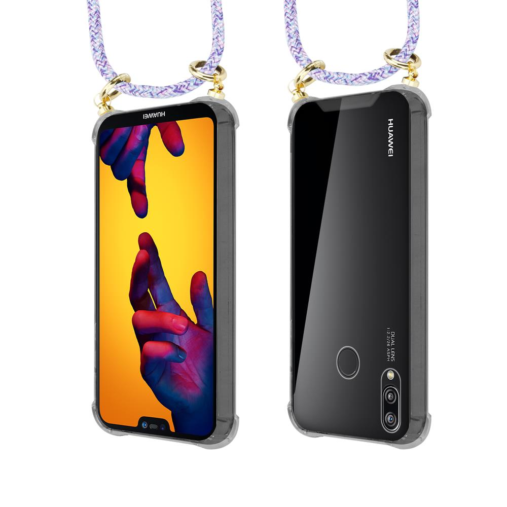 Due telefoni Huawei con tracolle per fotocamera. Uno mostra la schermata iniziale colorata, l'altro il retro.
