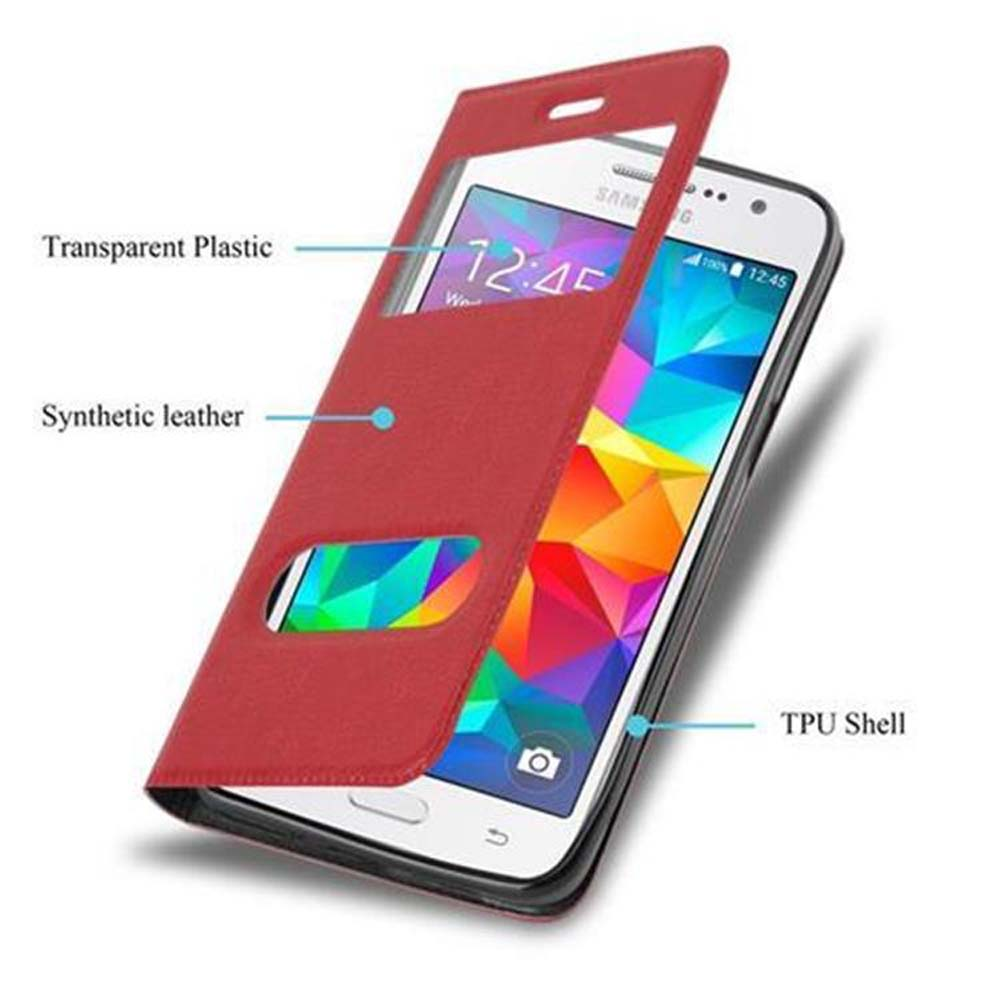 Funda roja de cuero sintético para teléfono con ventana transparente en un smartphone.