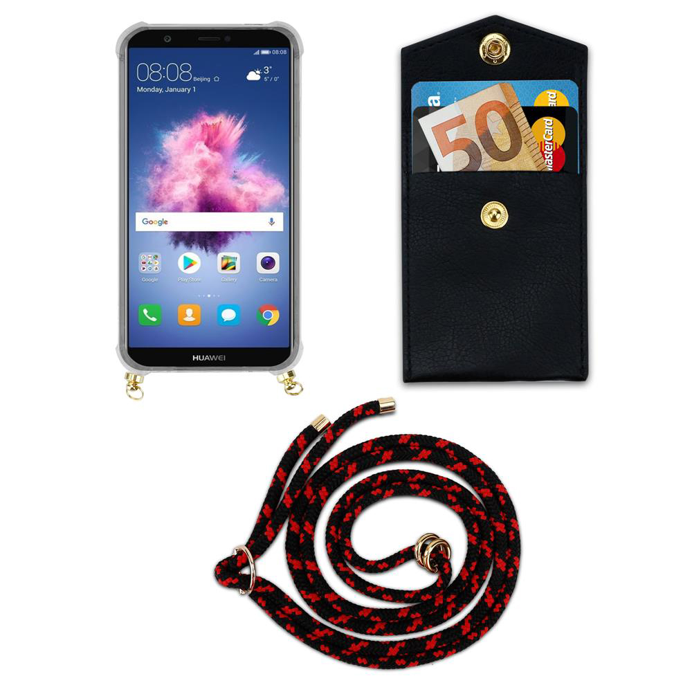 Uno smartphone in custodia, un porta carte nero con soldi e carte, e un laccetto.