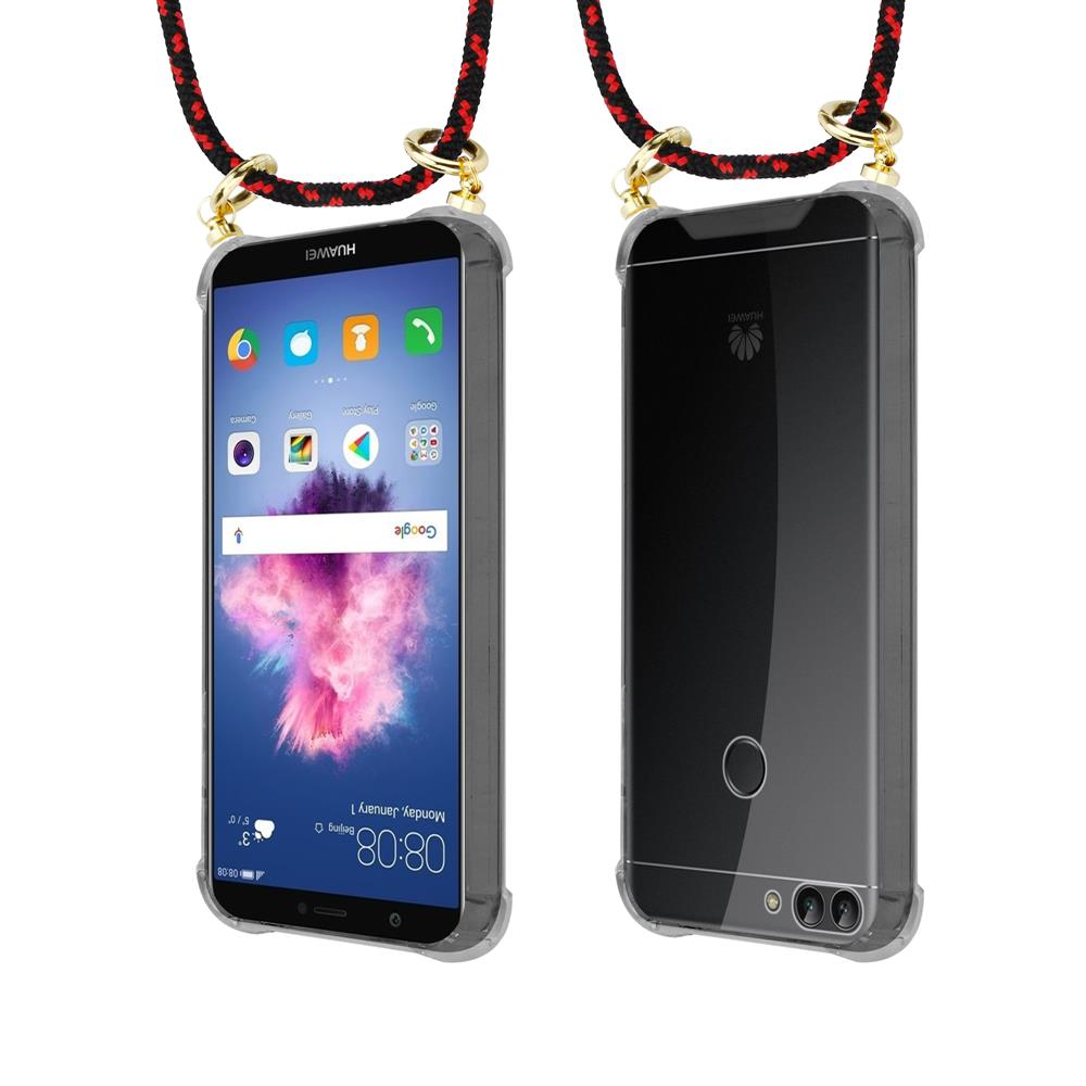 Due telefoni Huawei, vista frontale e posteriore, con laccetto nero e rosso.
