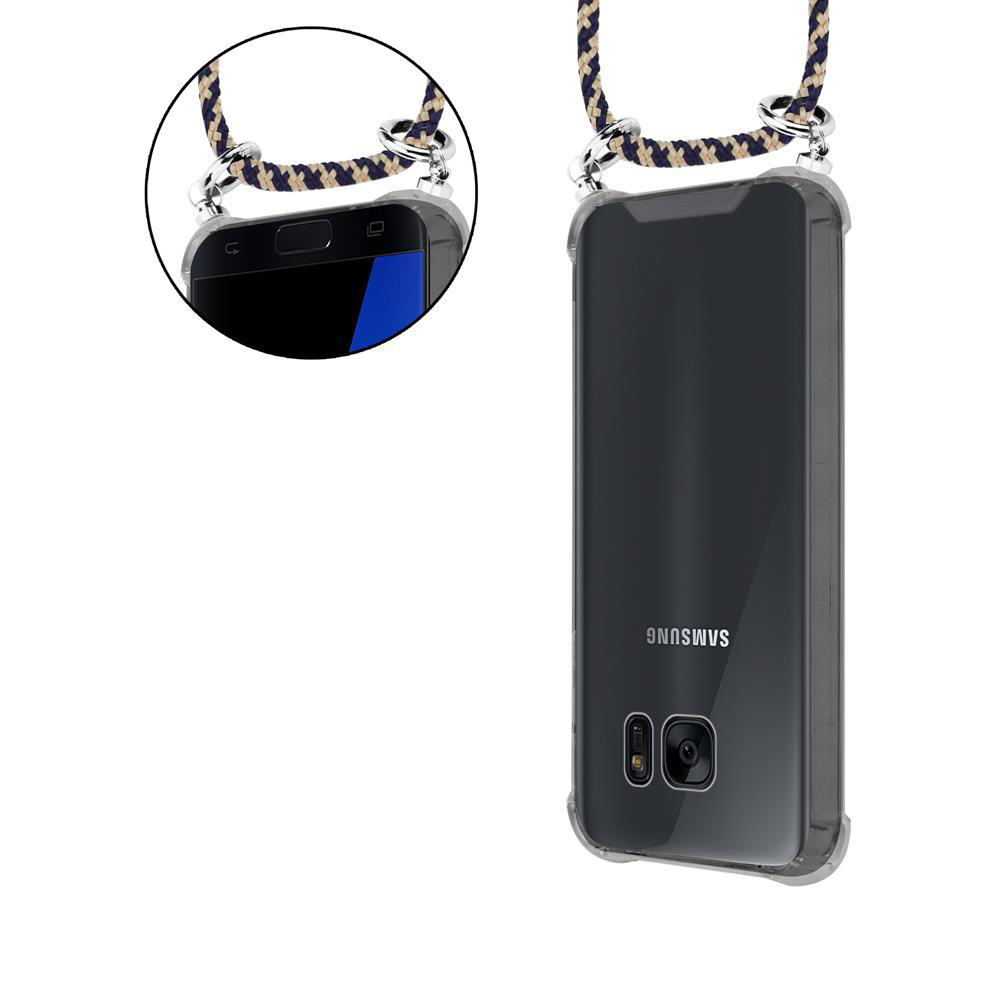Uno smartphone in una custodia trasparente con cordino.