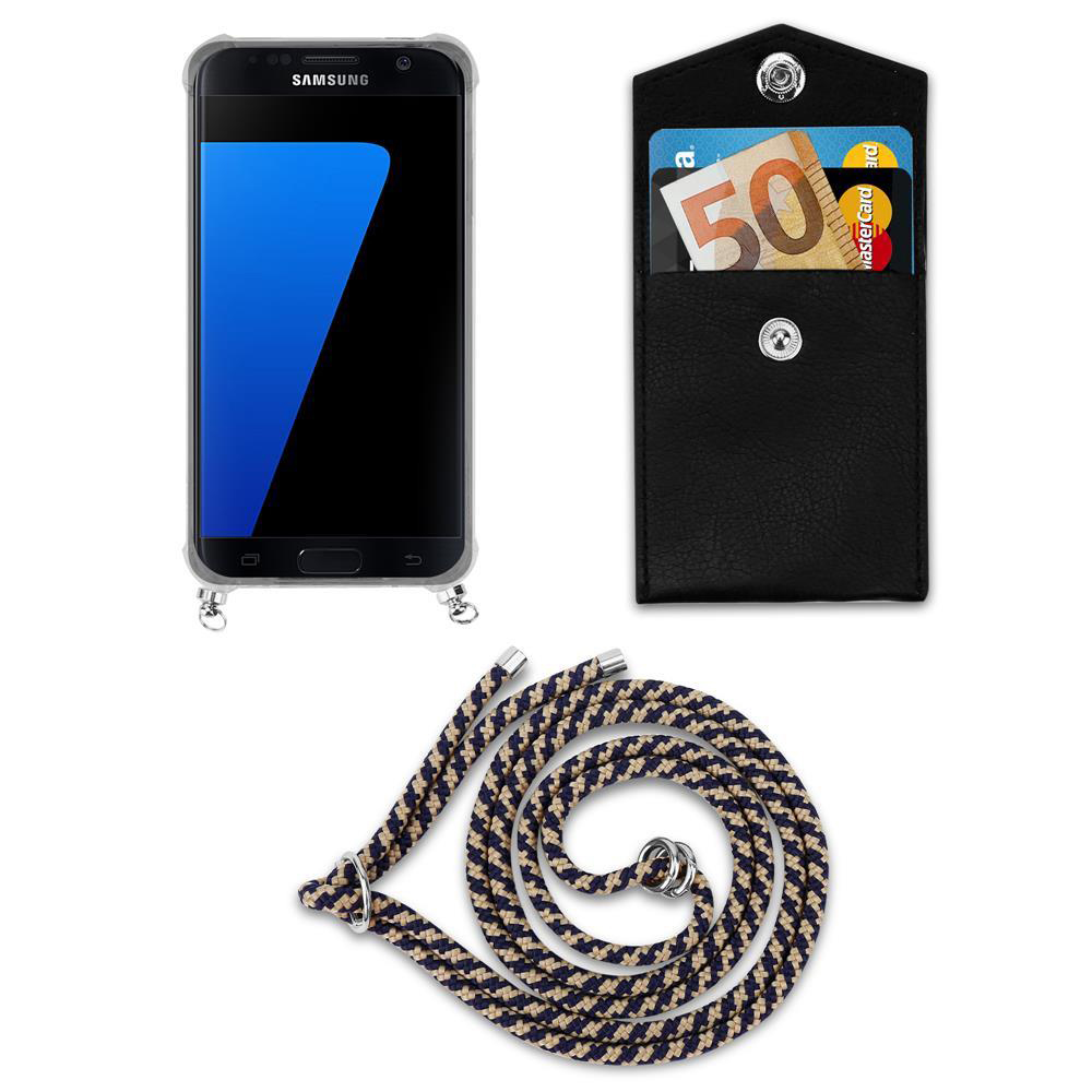 Uno smartphone, una busta nera con soldi e carta, e un cordone.