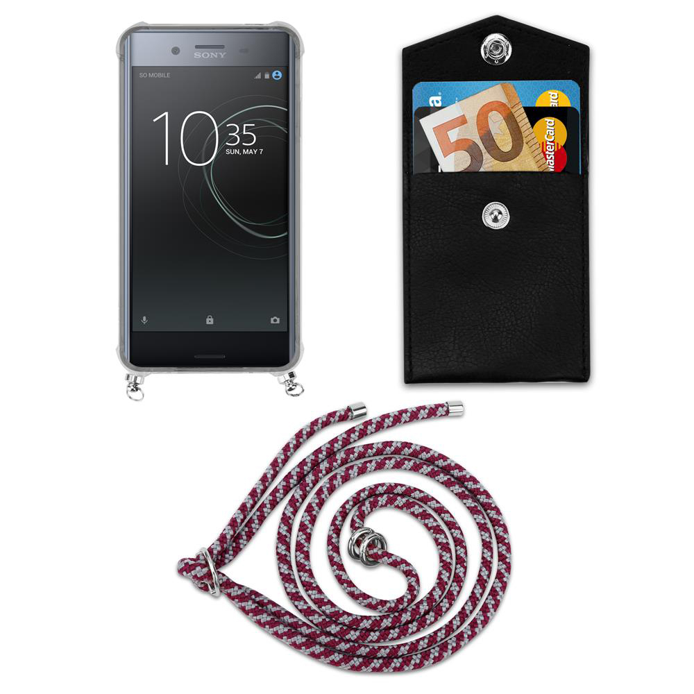 Smartphone in custodia, portafoglio con soldi e carte, e un cordino.