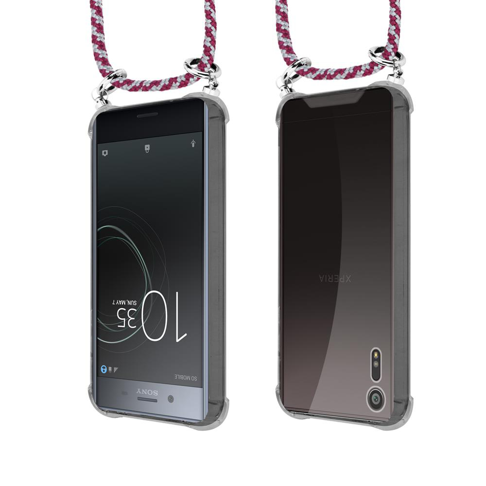 Uno smartphone con cordino, viste frontale e posteriore.