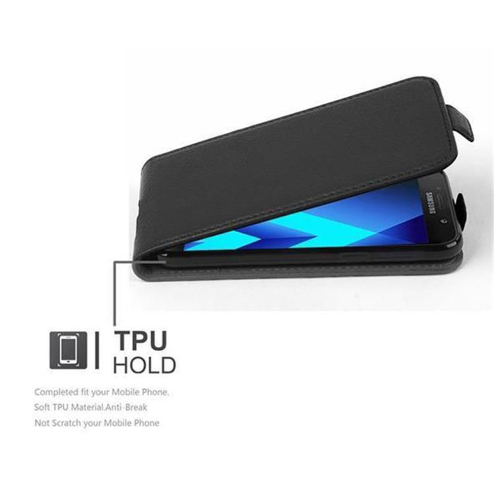 Custodia nera per telefono con flip aperto che mostra uno smartphone con sfondo blu.