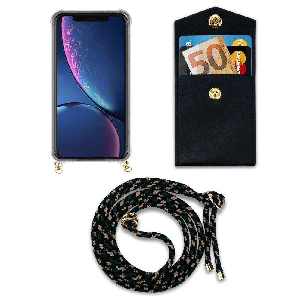 Smartphone con custodia, portafoglio con banconota da 50 euro e carta, e cordino.
