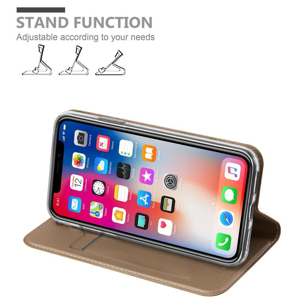 Uno smartphone in una custodia marrone, basato su una funzione di supporto.