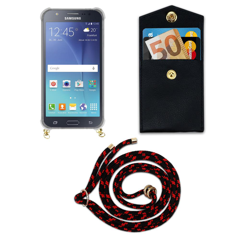 Uno smartphone con custodia, custodia nera con soldi e carte, e un cordino.