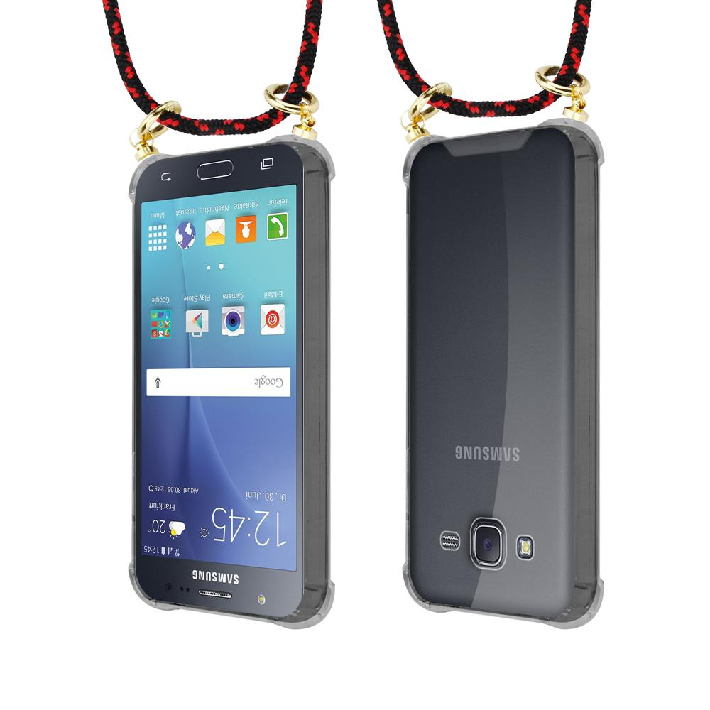 Due smartphone Samsung con laccetto, uno frontale, uno posteriore.