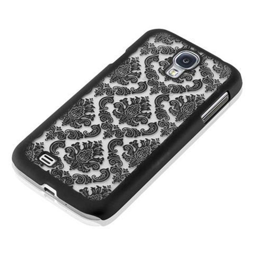 Una cover nera per telefono con motivo ornato in rilievo.