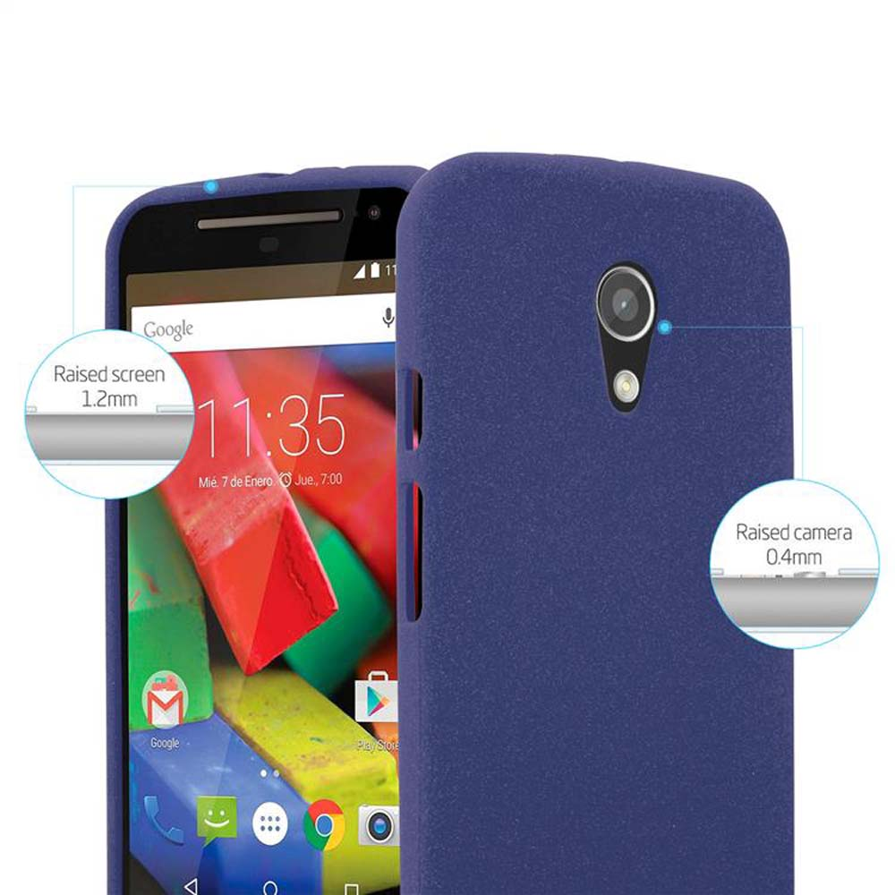 Un teléfono azul con funda azul. La pantalla muestra las 11:35.