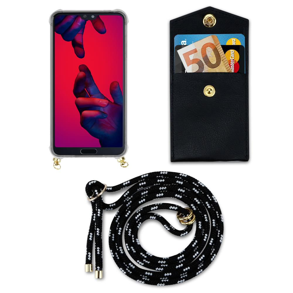 Smartphone con custodia, portafoglio con soldi e carte, e cordino.