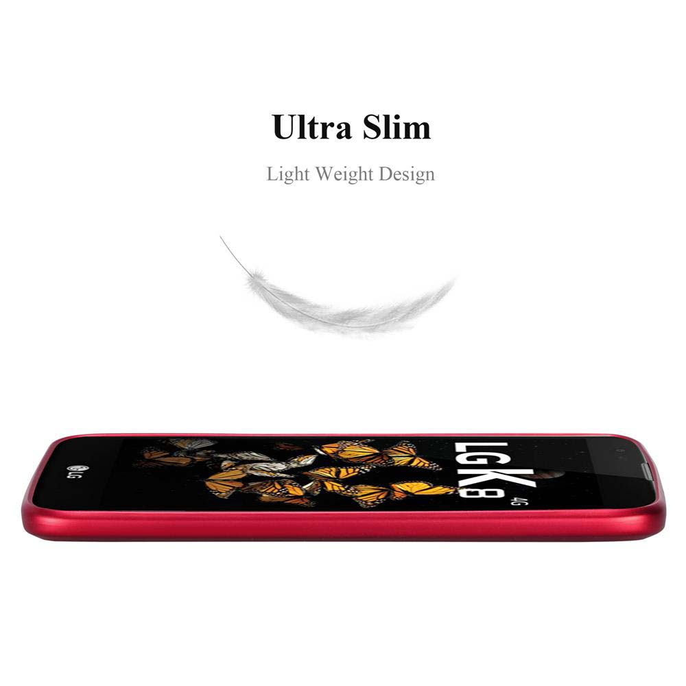 Telefono LG K8 rosso con sfondo di farfalle e icona piuma.