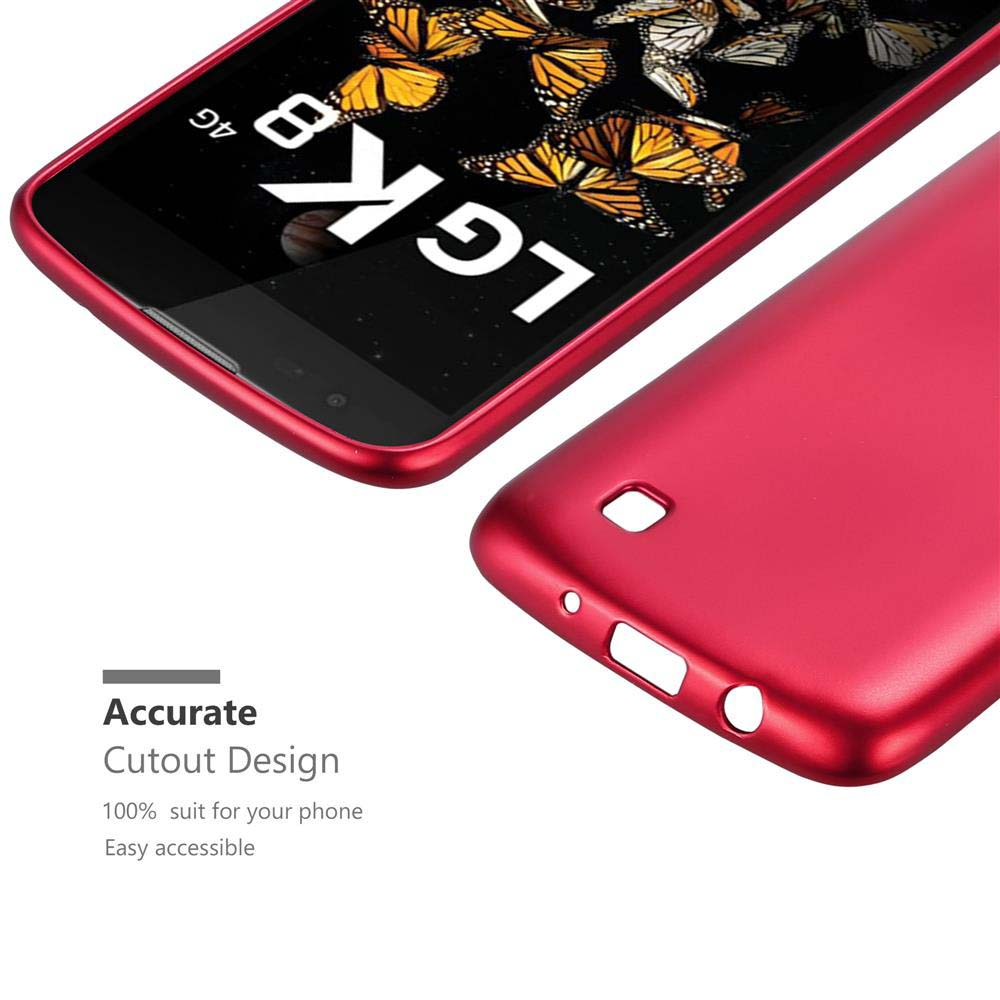 Custodia rossa per telefono LG K8 con sfondo di farfalle.