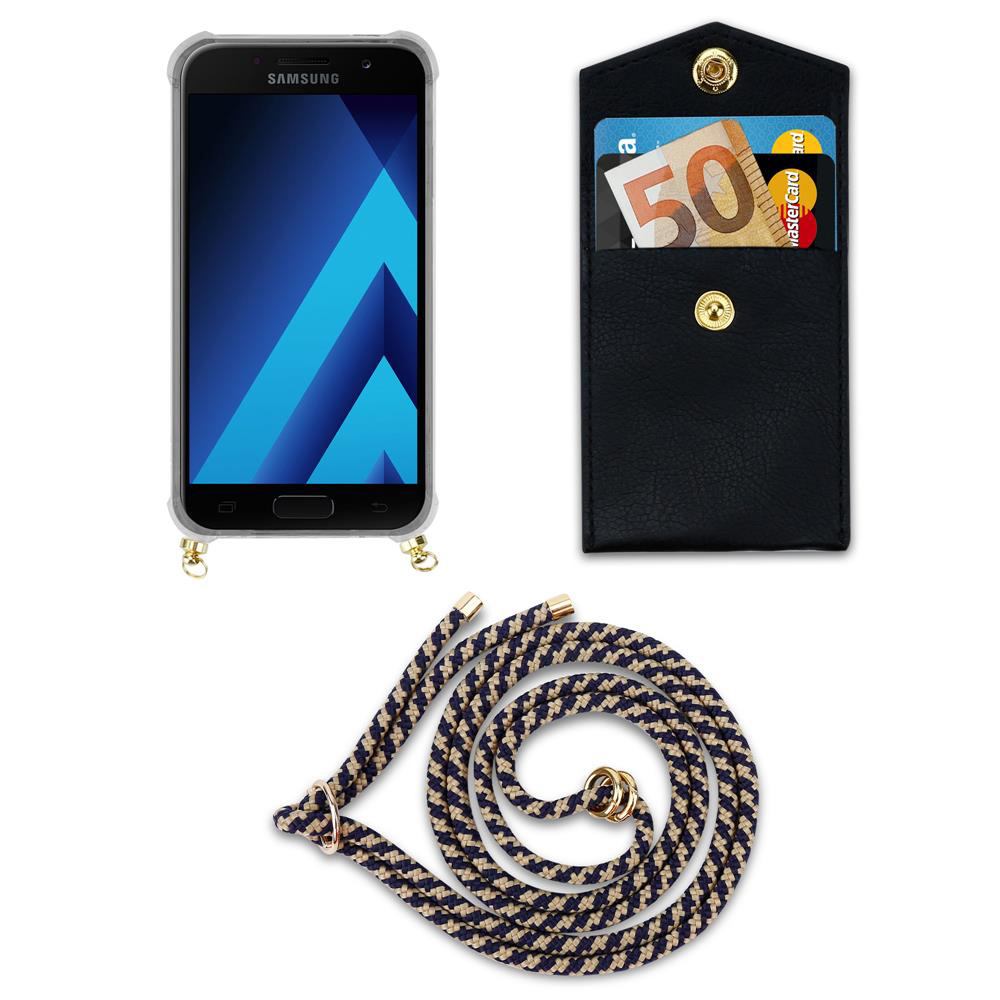 Smartphone con custodia, porta carte nero con soldi e carte, e un cordino.