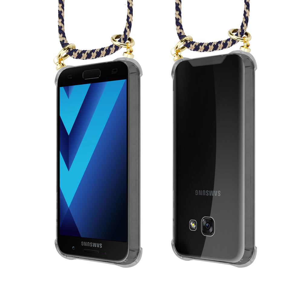 Fronte e retro di un telefono Samsung con cordino, in una custodia trasparente.