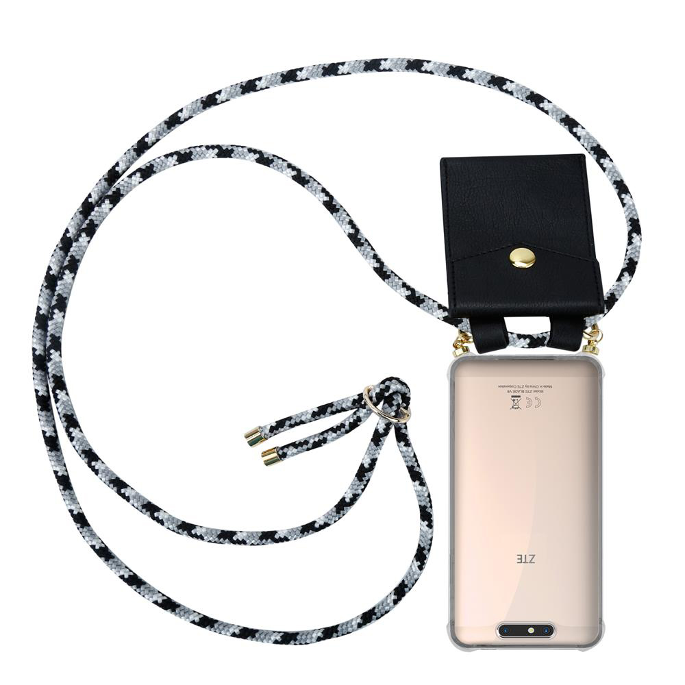 Ein Smartphone mit schwarzer Lanyard-Tasche und Band auf weißem Hintergrund.