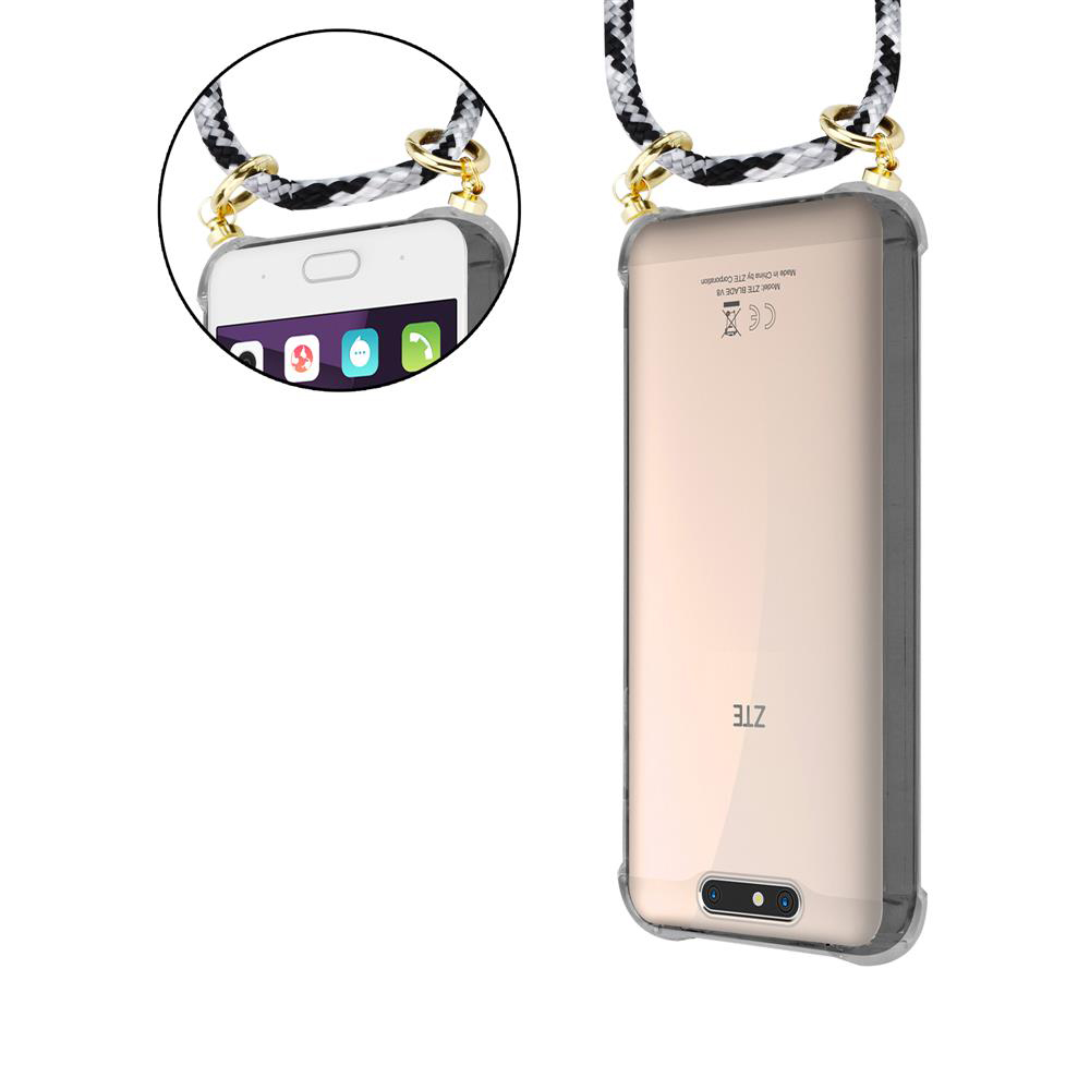 Ein Smartphone mit transparentem Gehäuse und Tragegurt, Vorder- und Rückansicht.